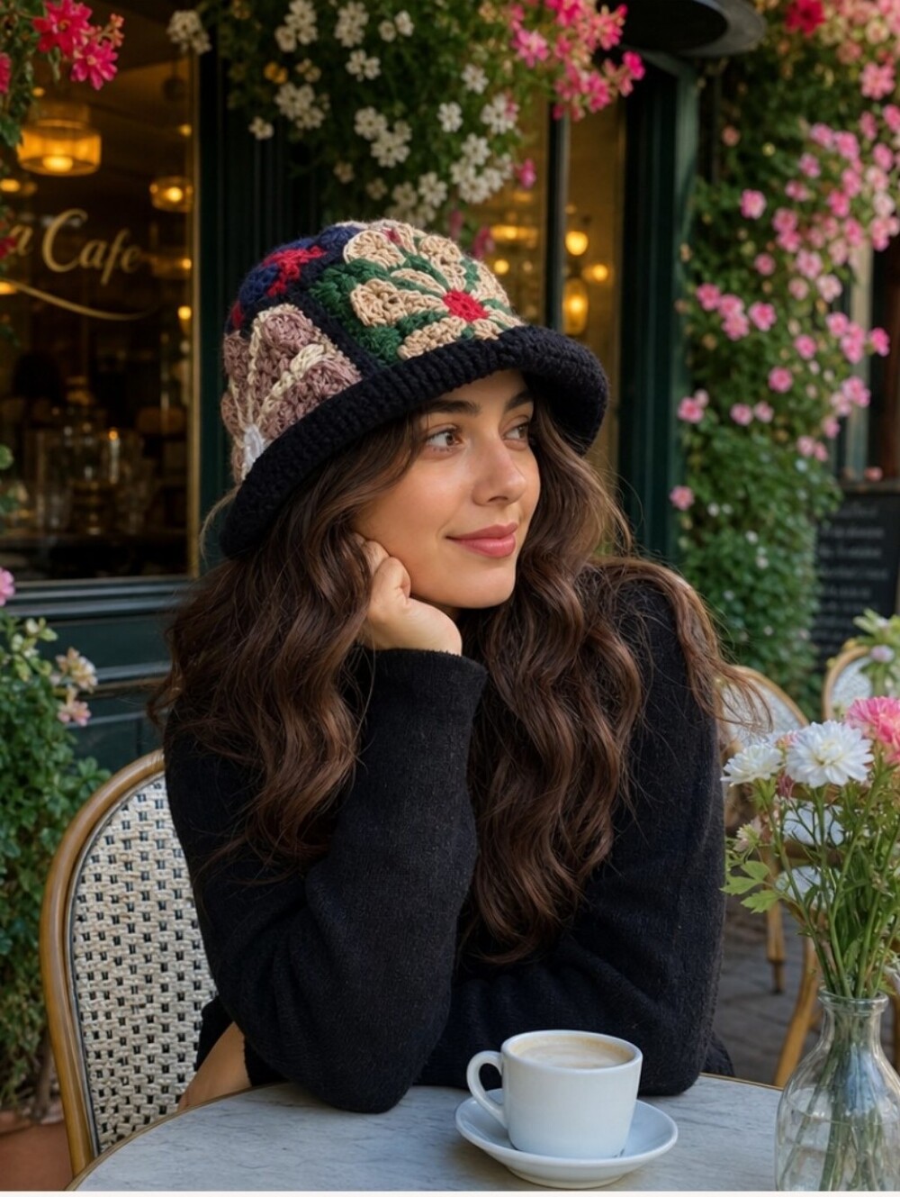 Crochet Floral Bucket Hat - Black with Multicolor Flowers